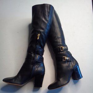 Vintage Sam Eldeman black leather boots knee high with gold toned accents rare.